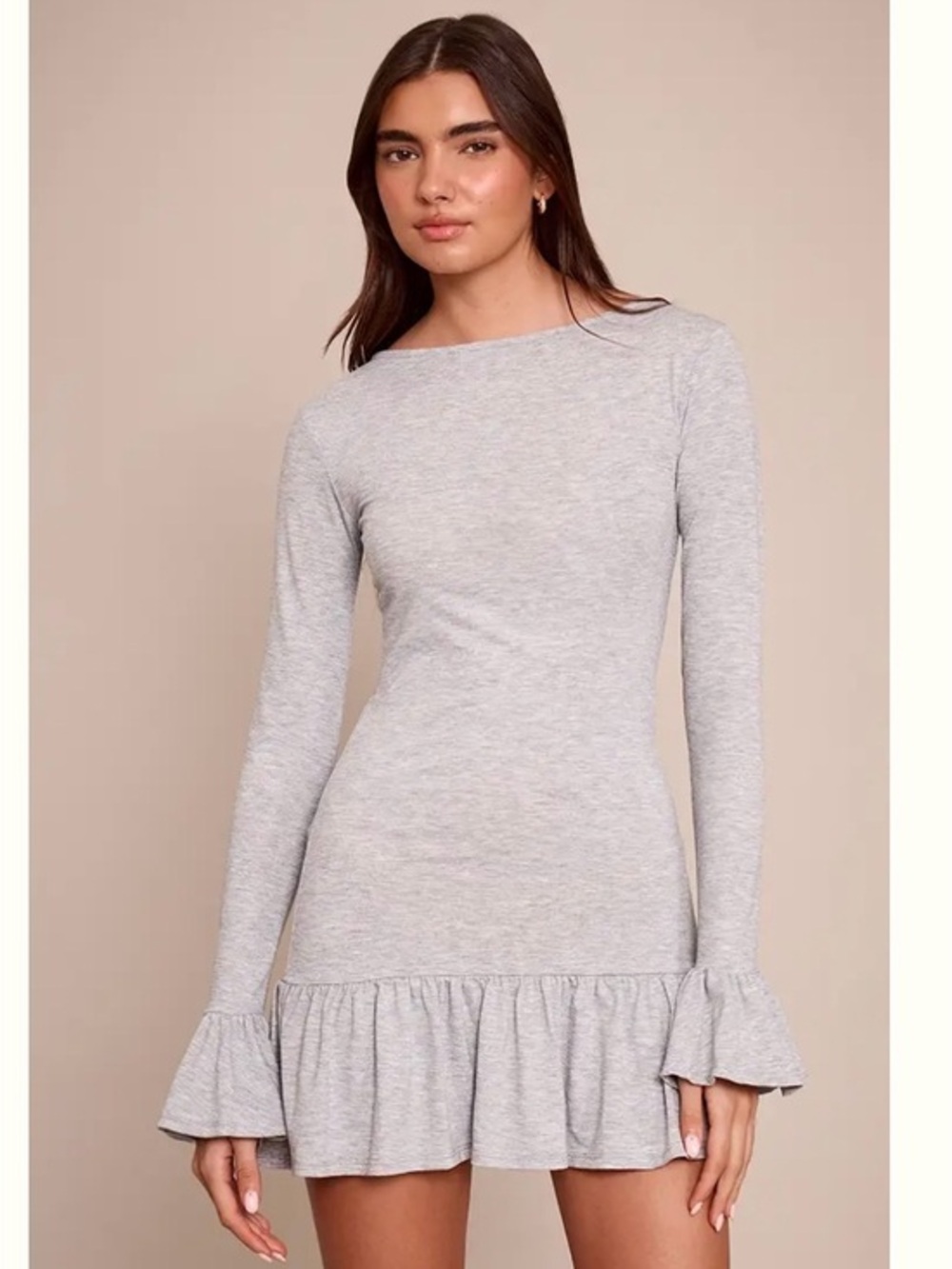 GREY MARL DROPPED FRILL HEM LONG SLEEVE MINI DRESS